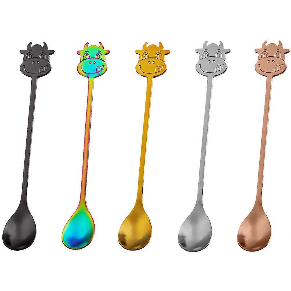 5pcs Creative Cow Head Handle Stainless Steel Dessert & Coffee Stirring Spoons – Portable Tableware for Home Use