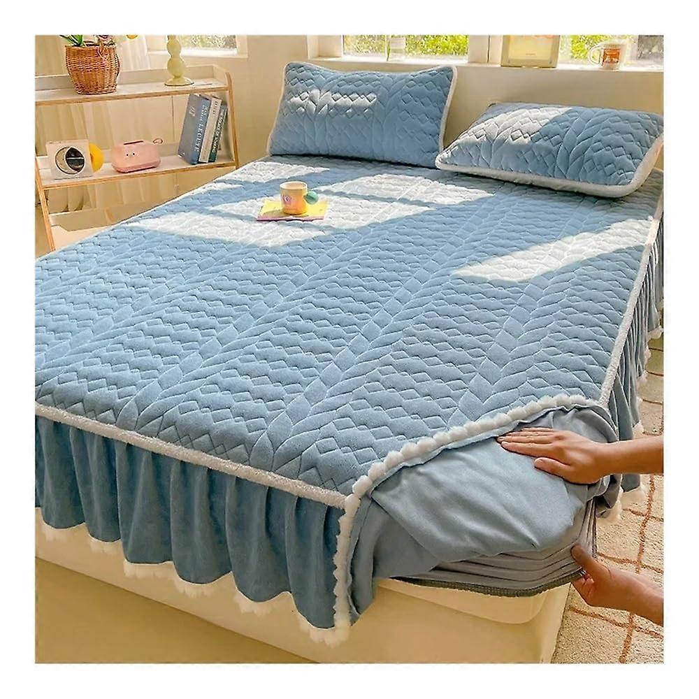 Milk fleece, padded cotton, Class A, valance sheet, mattress, hairball, thickened mattress protector, solid color, blue, 180 x 200 cm, 1 piece