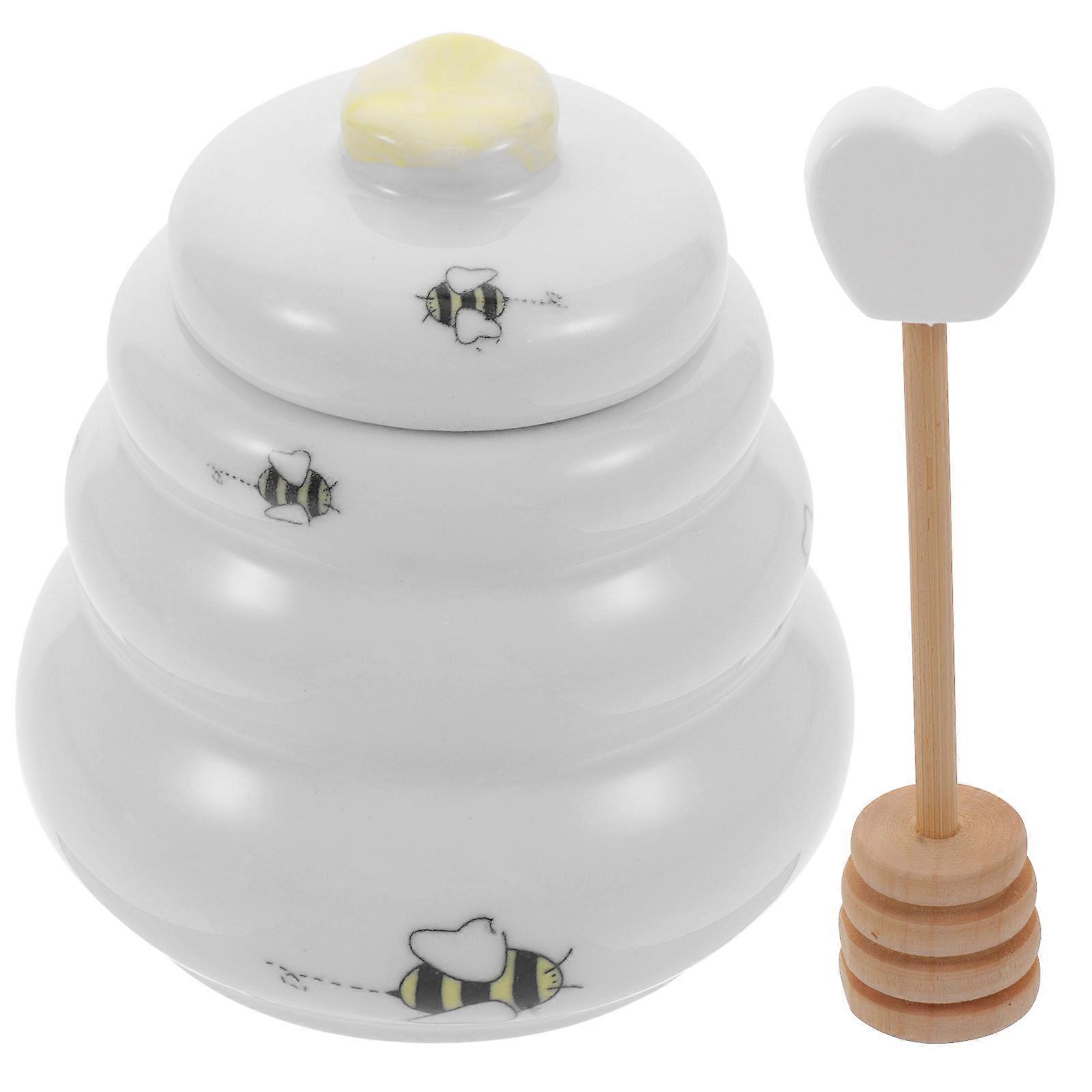 Ceramic Honey Jar with Lid and Dipper Stick 1 Set Bee Honey Pot for Kitchen
