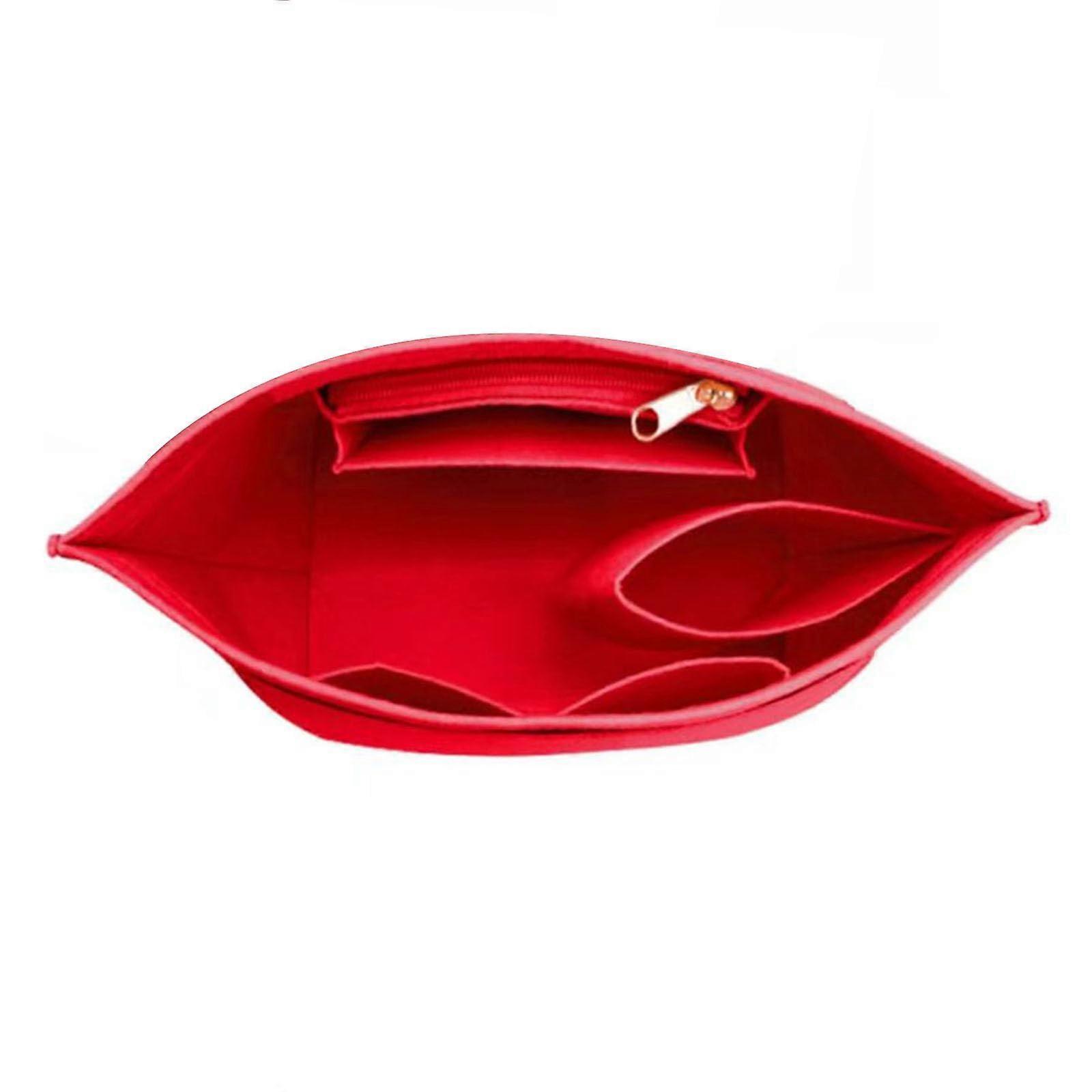 Foldable crossbody bag, organized compartments, felt wallet divider for efficient storage, large pocket for wallets, shoulder bag partition in red.