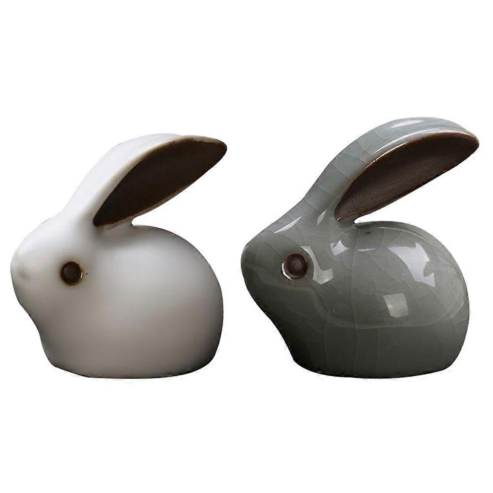 Decorative Tea Pets Lovely Rabbit Models for Decor 2Pcs White Ceramic