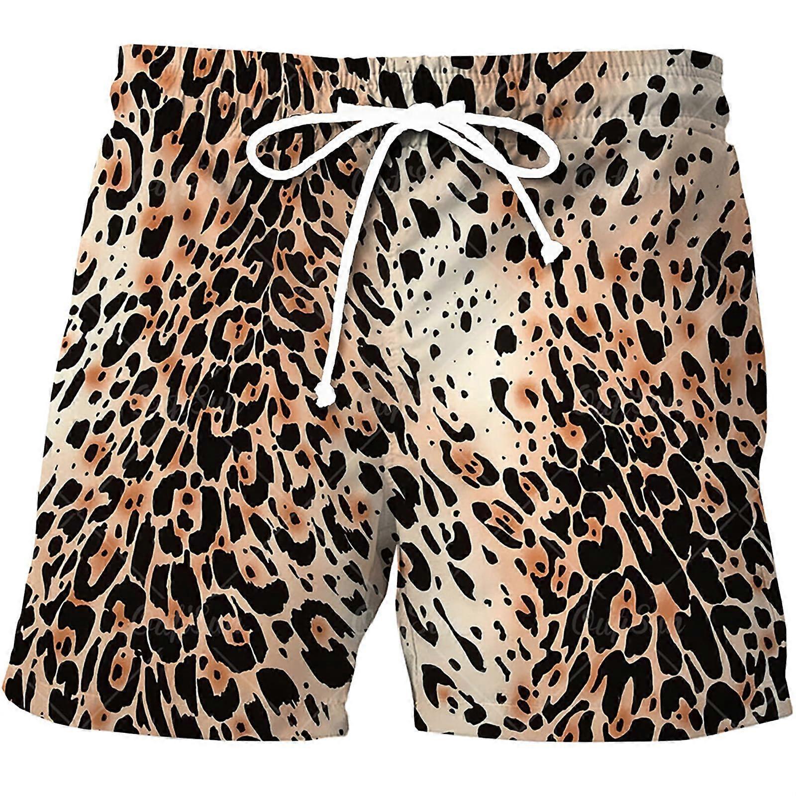 Beach Shorts Men's Swimming Shorts with Leopard Print Summer Casual Elastic Waist