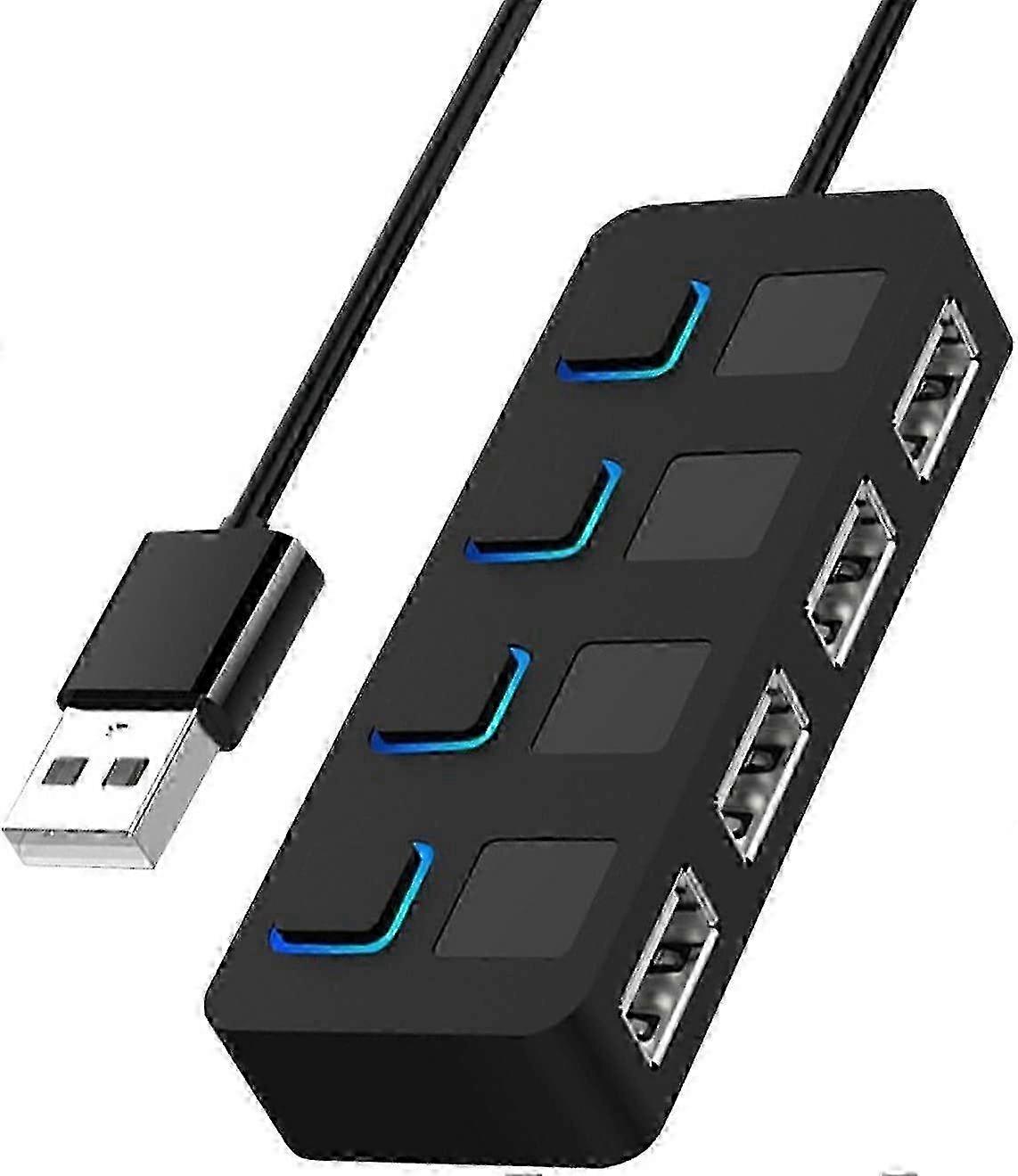 Hub USB 2.0 de 4 portas com interruptores de energia LED individuais para computadores Mac e PC (preto)