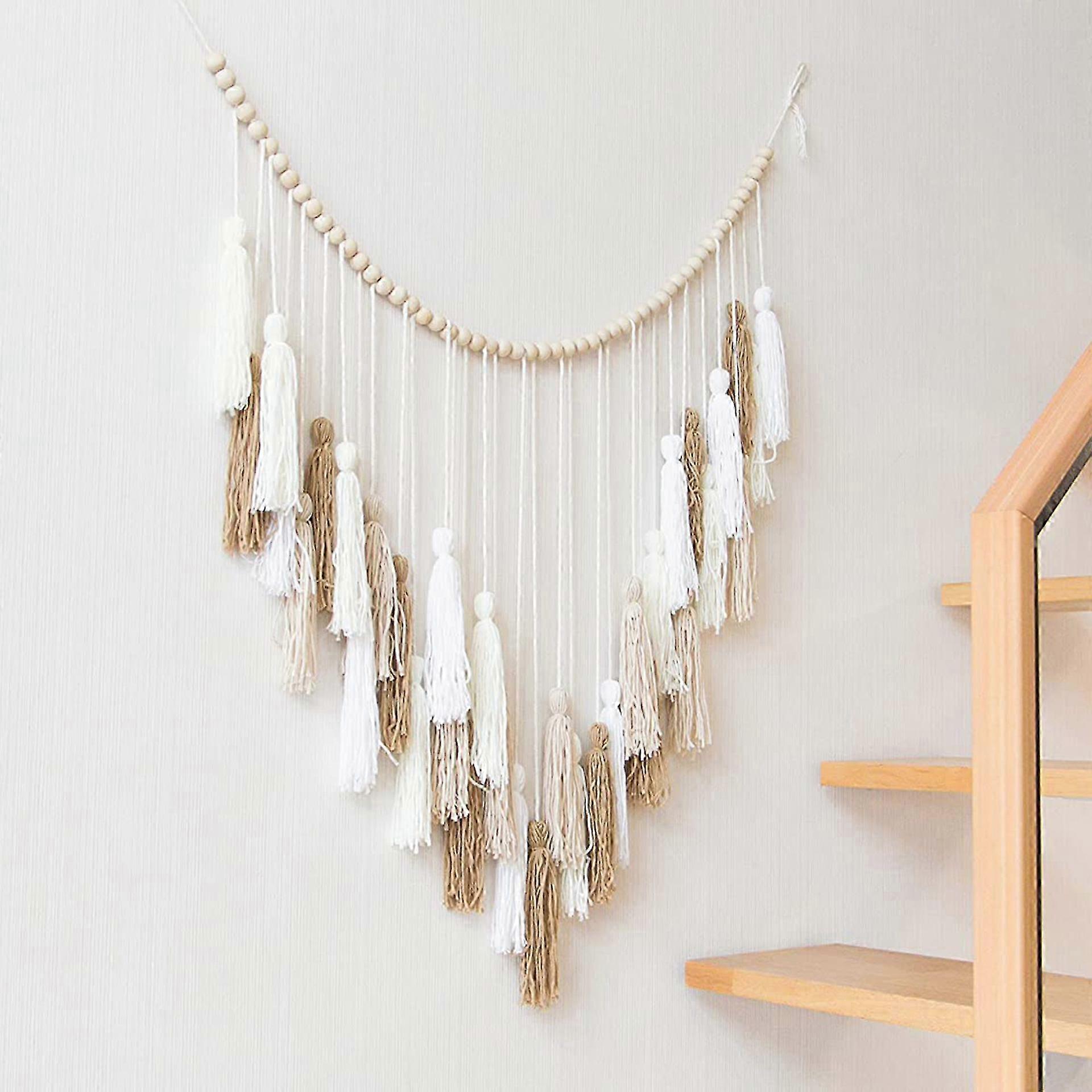 Nordic Wall Hanging Tapestry Bohemian Curtains Colorful Tassel Tapestry(Khaki Color)109*89cm