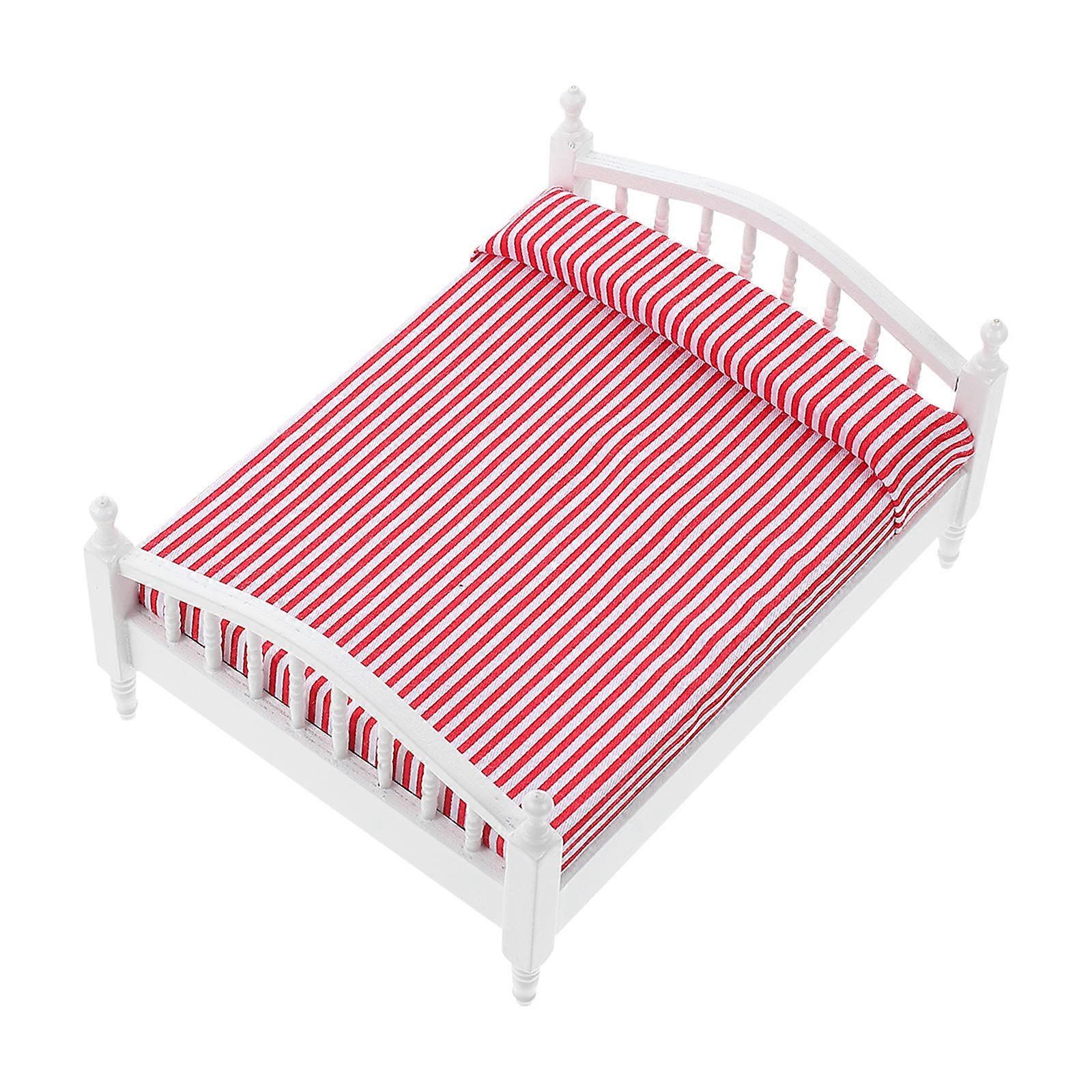 Mini Double Bed Decor for Doll House Use Pink Birch Material