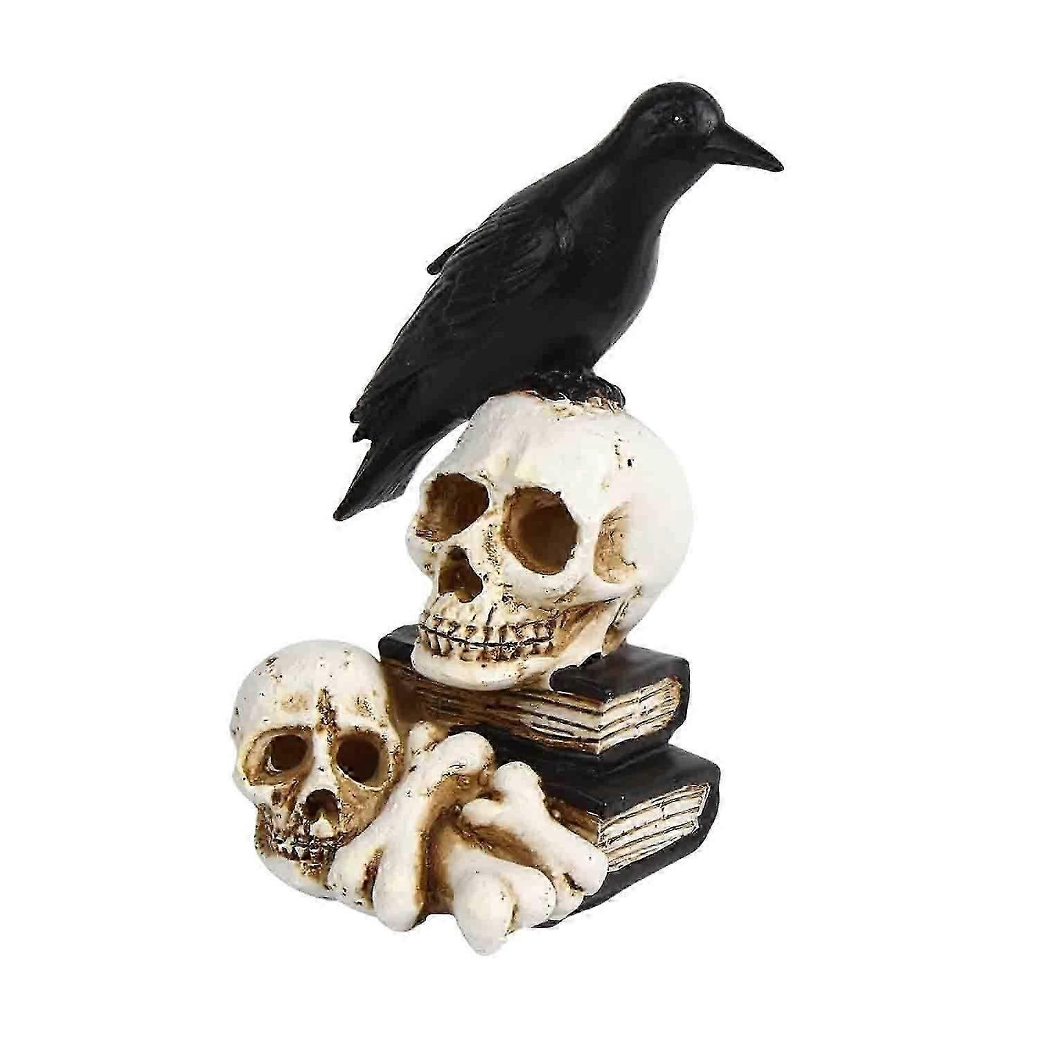 Raven on Skull Halloween Decorations with LED Lights, Crow Perching On Skeleton Figurine, Glowing Statue for Halloween Party Home Decor