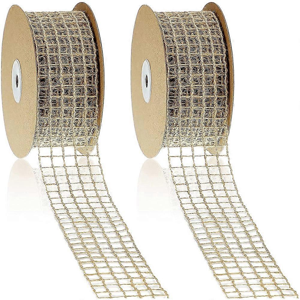 2 Rolls 20 Yards By 2.5 Inch Christmas Mesh Burlap Wired Ribbon Open Weave Burlap Net Ribbon Natural