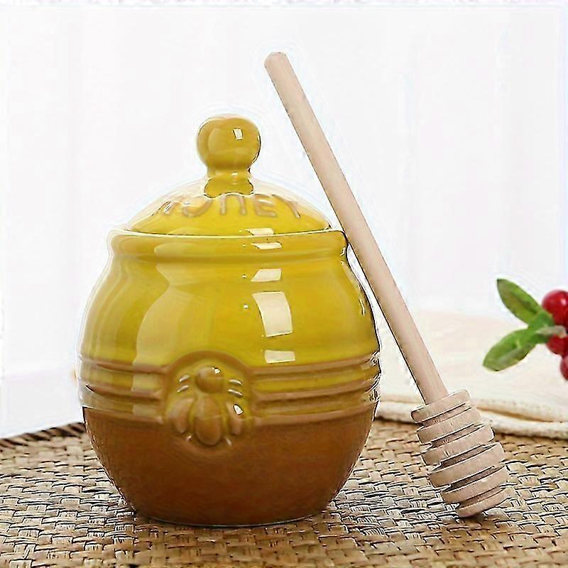 1pc Ceramic Honey Pot With Dipper And Lid, Honey Jar, Bee Embossed Honey Storage Container For Kitchen Decoration, Coffee/Tea Bar Decoration