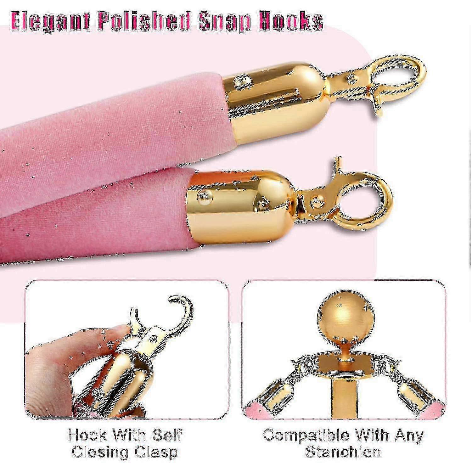 6.4ft Pink Velvet Queue Control Barriers with Gold-Plated Hooks and Thick Stanchions