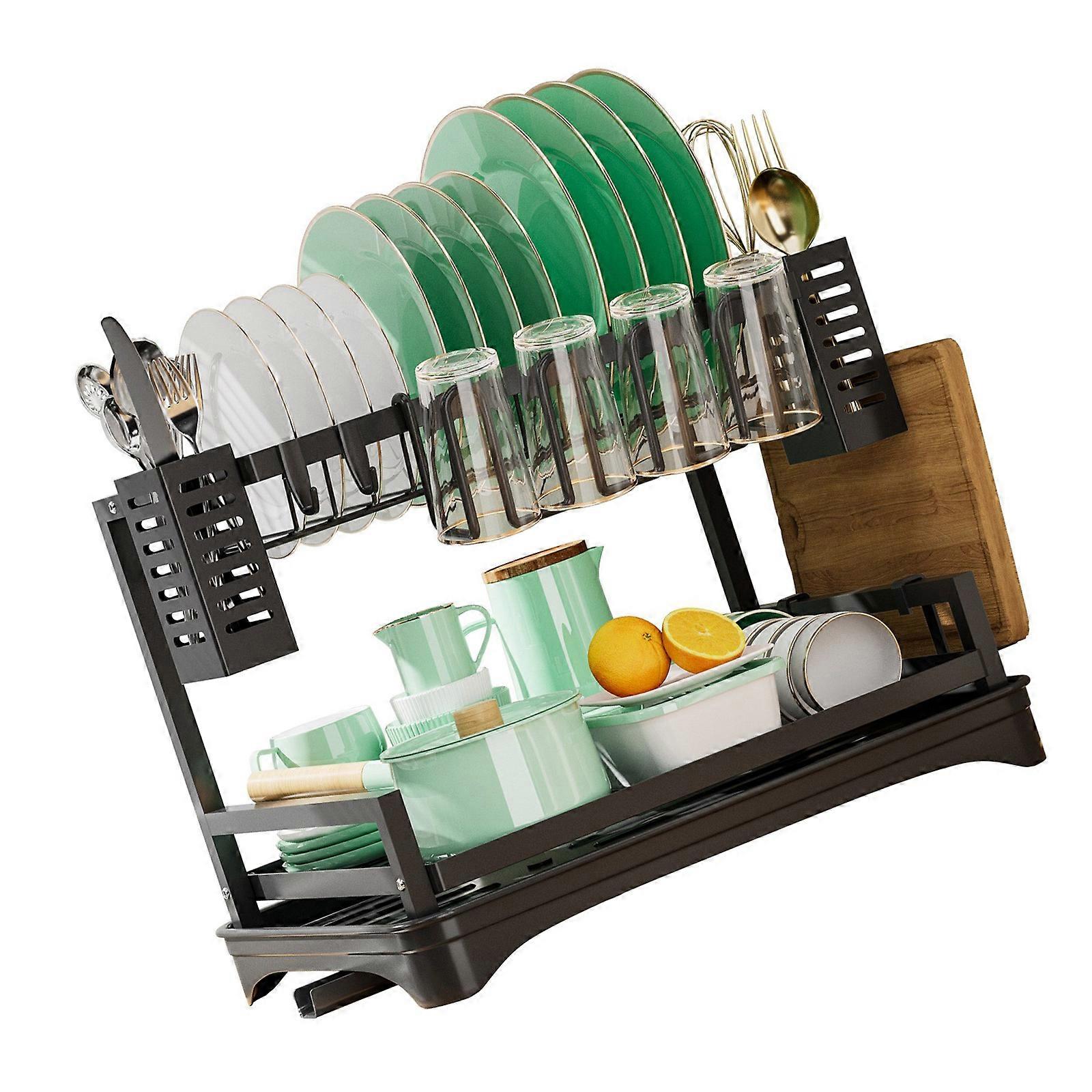 Double Layer Dish Drying Rack Space Saving Dish Drying Rack With Drip Tray Drainage Channel For Kitchen Use Multicolor