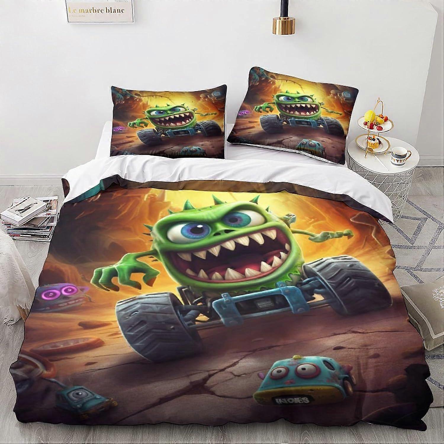 LikeEj Monsters 3D خمر سيارة لحاف مجموعات ، 100 ٪ ستوكات الكرتون مجموعة الفراش مع وسادة وسادة 3 قطع الفراش مزدوجة