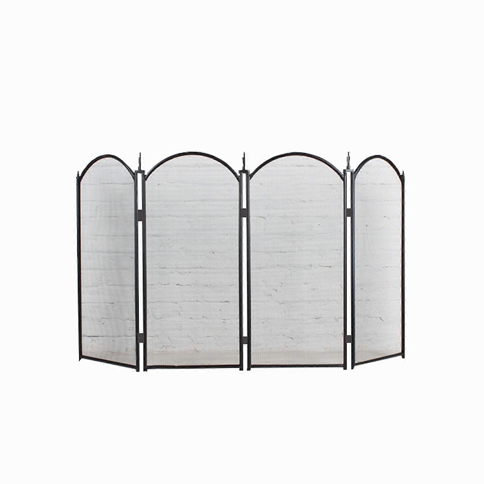 Decorative Wrought Iron Fireplace Screen, 4 Panel Black Spark Guard with Elegant Flower Pattern