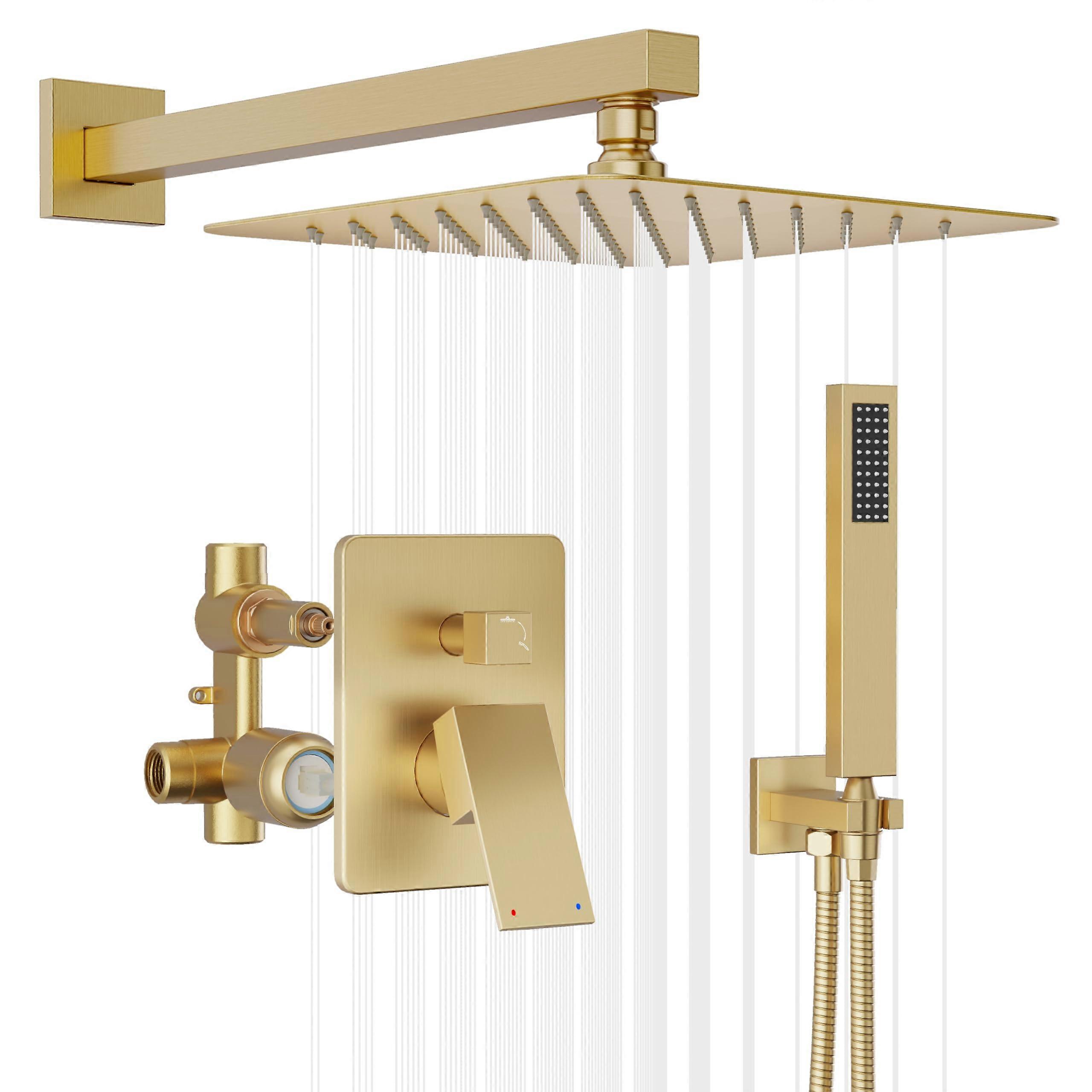 Gold Shower System with 10 Inch Rain Shower Head and Handheld, Brushed Gold Wall Mounted Faucet Set