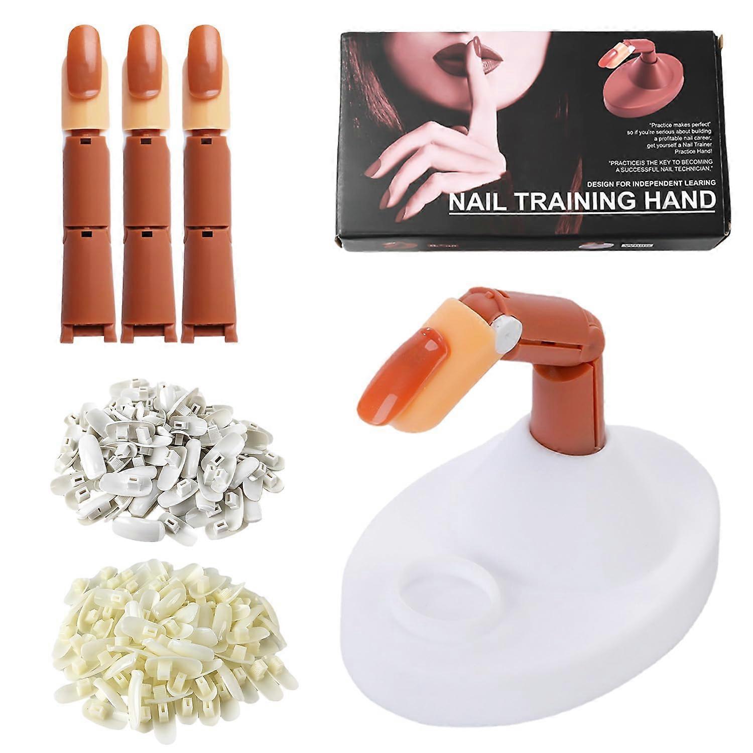 Manicure Practice Hand Set with Base, Realistic Flexible Nail Training Hand with 200 Nail Tips
