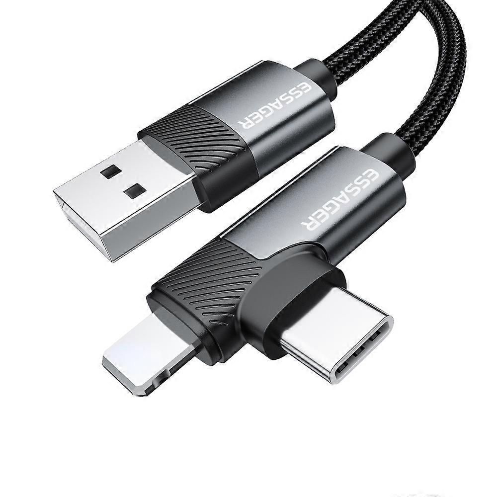 ESSAGER 1m USB-A to iP + Type-C 90 Degree Right Angle 3A Fast Charging Data Cable