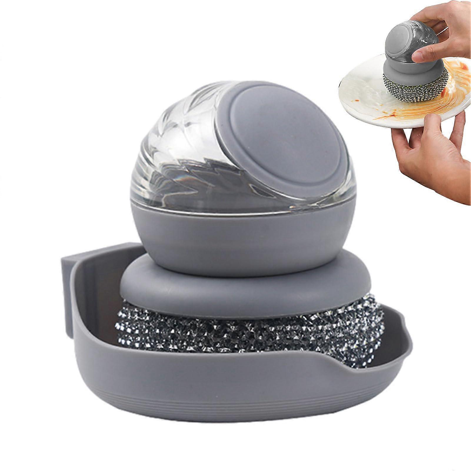 Dish Brush with Soap Dispenser, NonSlip Handle Scrubber for Pots and Pans, Replaceable Head, Grey