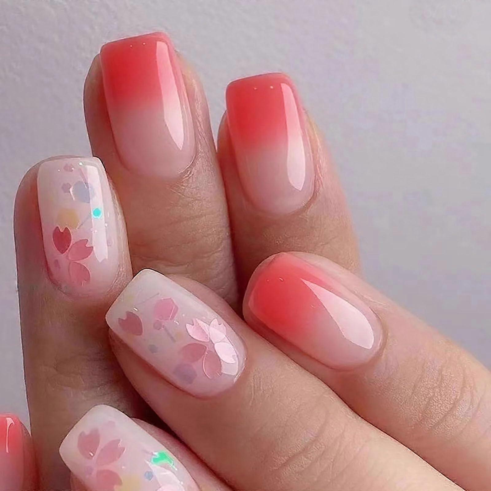 Press on Nails Medium Square Pink Gradient Cherry Blossom Glossy Fake Nails with Designs 24Pcs