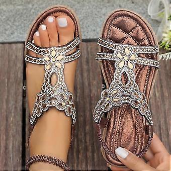 Women's Retro Bohemian Rhinestone Sandals – Elastic Back, Flat Roman Style, Floral Slip-On, Summer Casual, Multiple Colors, Size 36–43