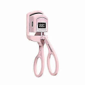 A Pink USB Heated Eyelash Curler with an LED Battery Display, Featuring a Pad That Changes Color with Temperature. It'S Easy to Use, Heats Up Quickly