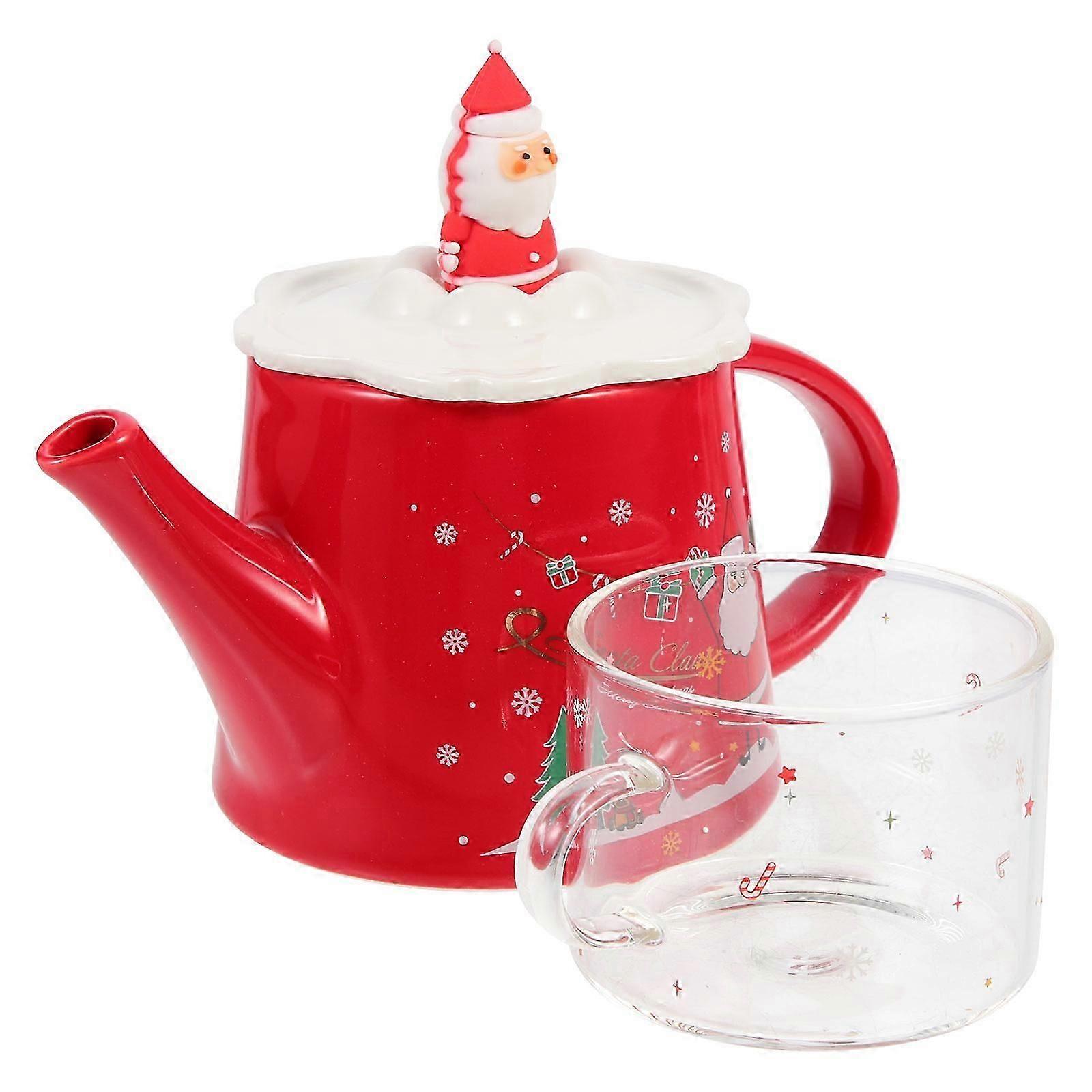 Christmas Ceramic Teapot Set for Tea Brewing, Red, 1Set