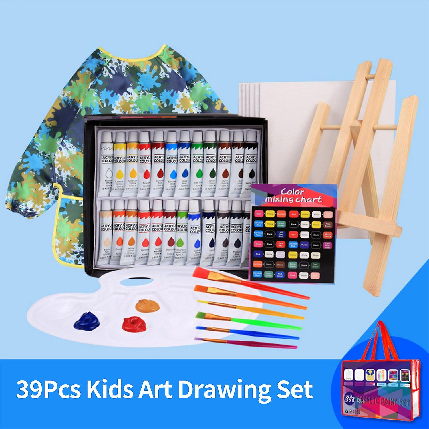 39Pcs Kids Art Drawing Set 24 Vibrant Colors Acrylic Paint with 6 Brushes/Paint Palette/Easel/Painti