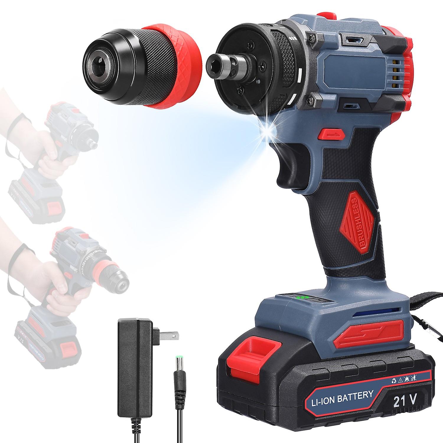21V 2in1 Lithium Drill Electric Screwdriver Multi-function Power Tool 55Nm Torque Brushless Motor Pr
