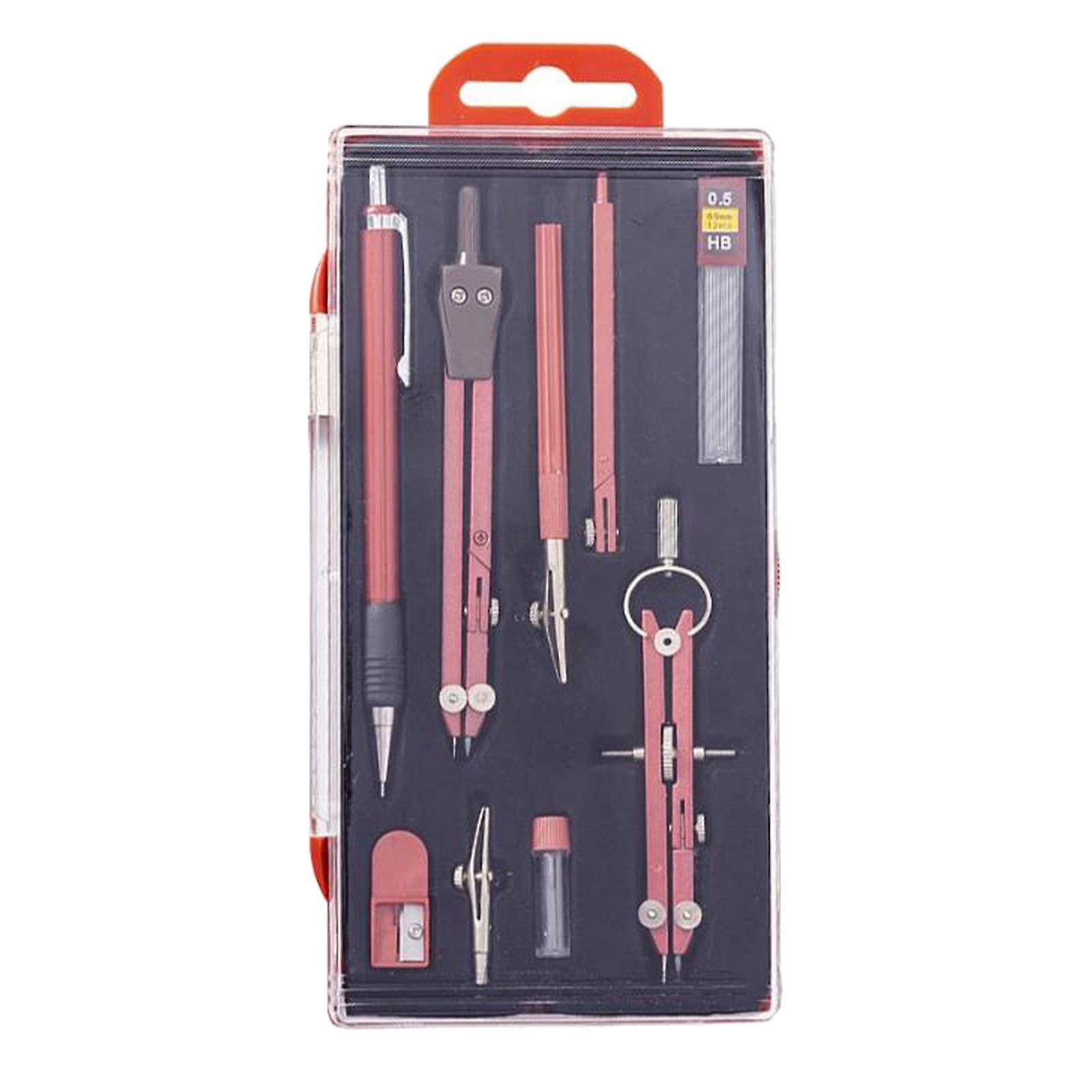 9PCS Professional Drawing Compass Geometry Tool Zinc Alloy Pencil Red