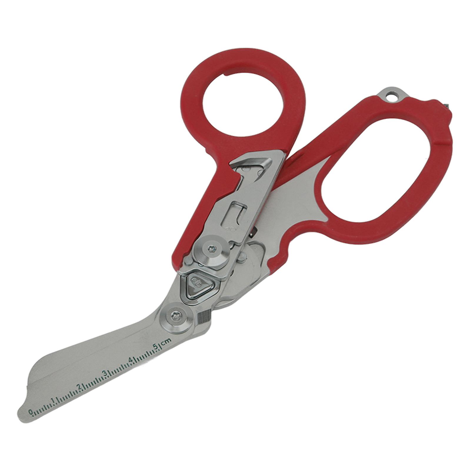 Emergency Response Shears Foldable Shear with Ring Cutter Glass Breaker Latching Function For Indoor Outdoor Red 