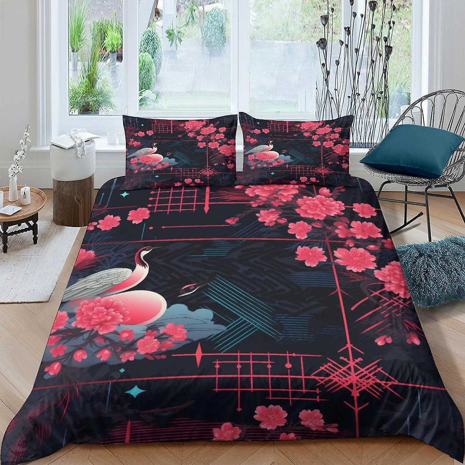 VCLUST Crane Duvet Cover Set Bedding Set 3D Microfiber Polyester Japanese Style Comforter Cover with Pillow Shams, 3 Piece Set, Zipper Quilt Cover