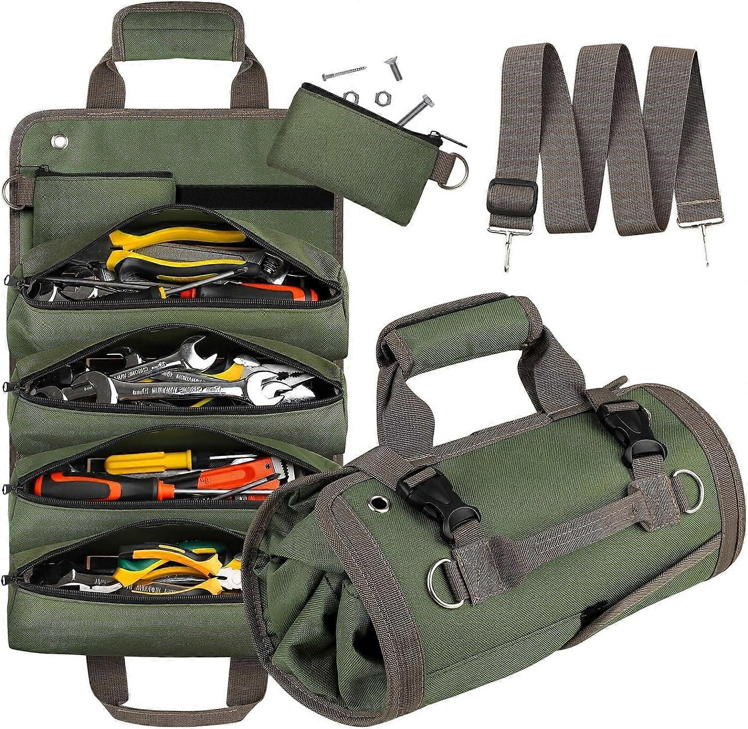 nice UUP Roll Up Tool Bag, Heavy Duty Tool Organizer for Men and Women, Portable Tool Storage Box with 2 Removable Zipper Pouch, Small Compact Carry B