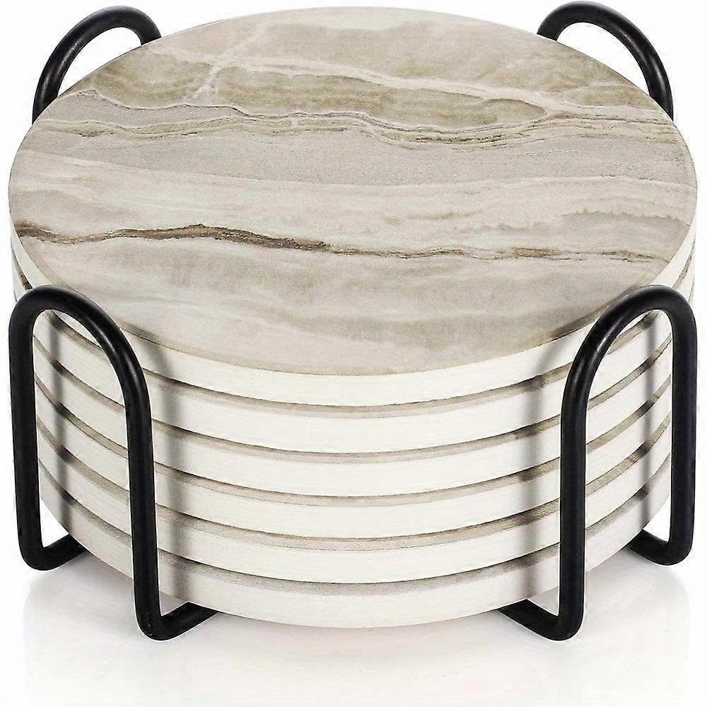 6pcs Drink Coasters With Holder, Absorbent Coaster, Marble Style Ceramic Drink Coaster For Tabletop Protection, Suitable For Kinds Of Cups, Wooden Tab