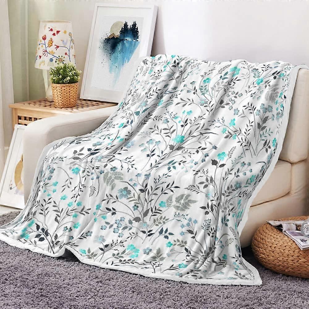 Spring Floral Throw Blanket, White and Teal Blue Watercolor Floral