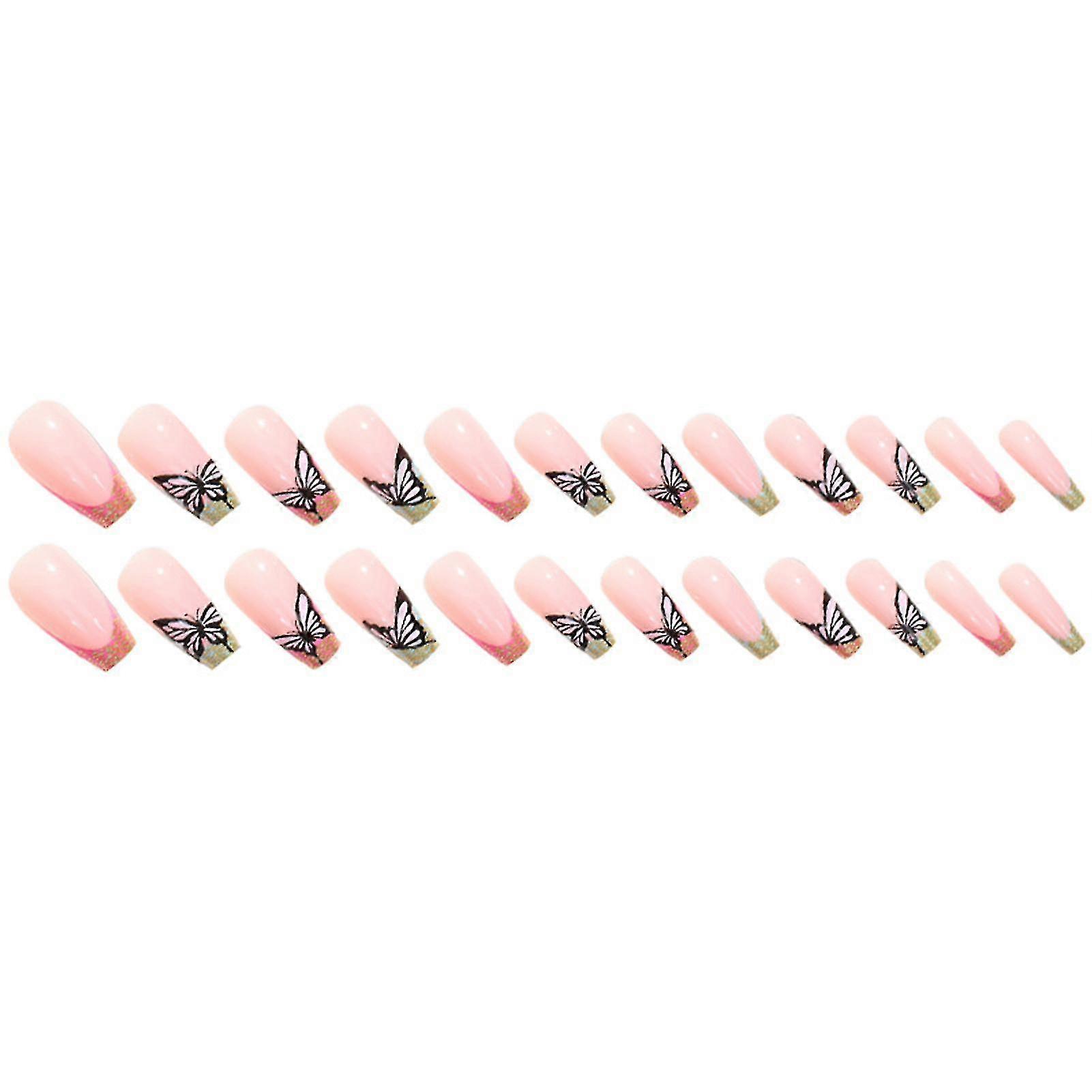 Pink Butterfly Pattern Artificial Nails Durable Full Cover False Nails For Daily Everyday Wearing Use Bonus: Get a free professional-grade nail file