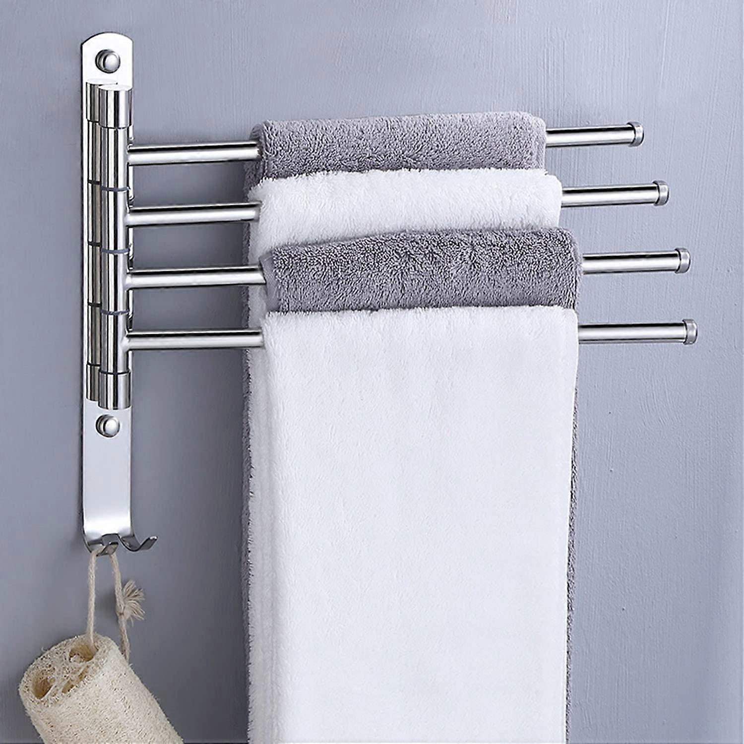 180 Degree Swivel Towel Bar, Chrome Wall Mounted Towel Rack with 4 Arms, Bathroom Towel Rack, SUS304 Stainless Steel Towel Warmer with Hook