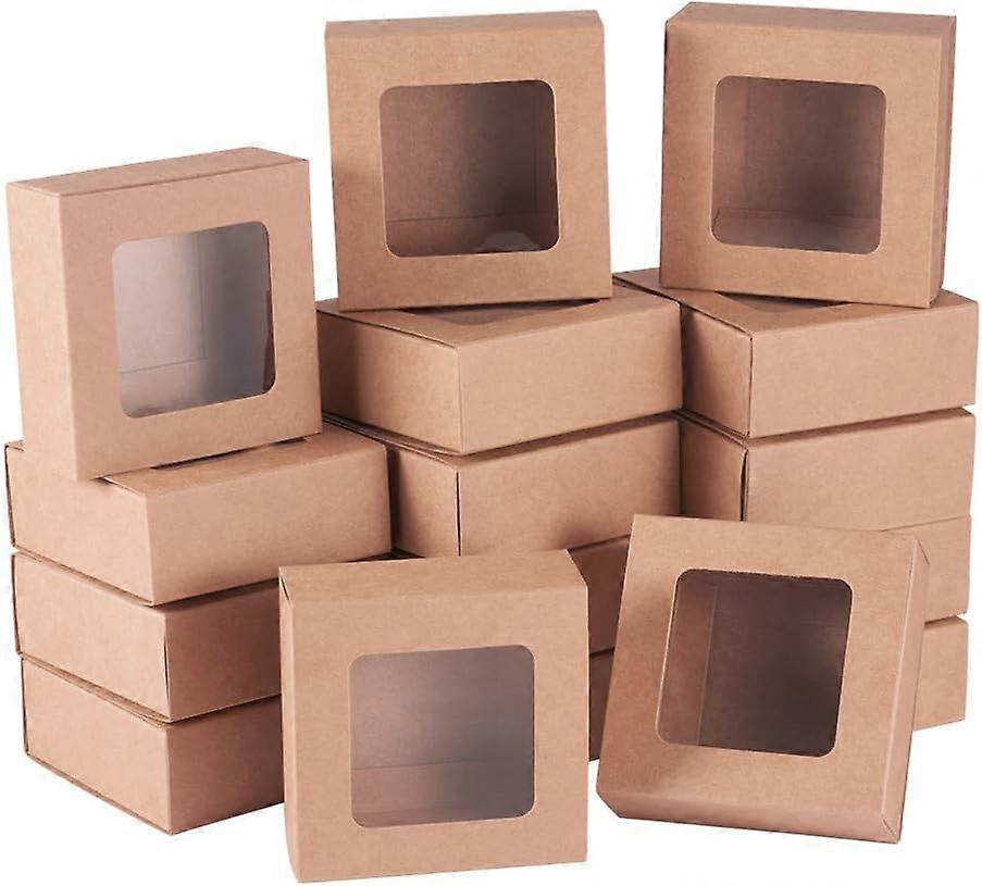 24Packs Square Kraft Paper DrawerBoxes with PVC Window Lid 2.5x2.5x1.2inch Paper Gift Boxes