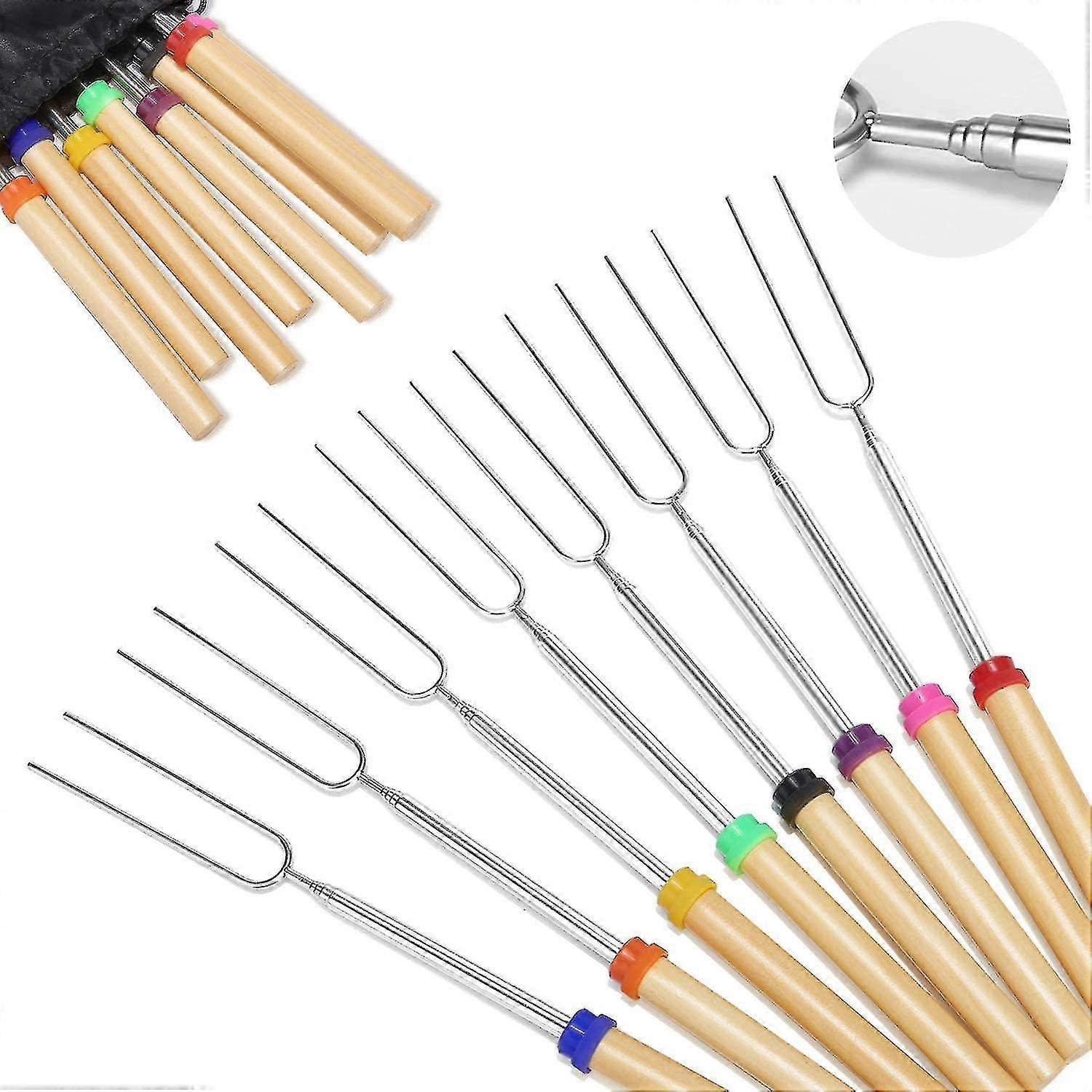 Marshmallow Roasting Sticks Wooden Handle Set Of 8 Smores Skewers--
