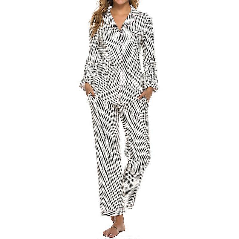 Damen Langarm Button Down Tops und Hosen Pyjama Loungewear Nachtwäsche Set, Weiß