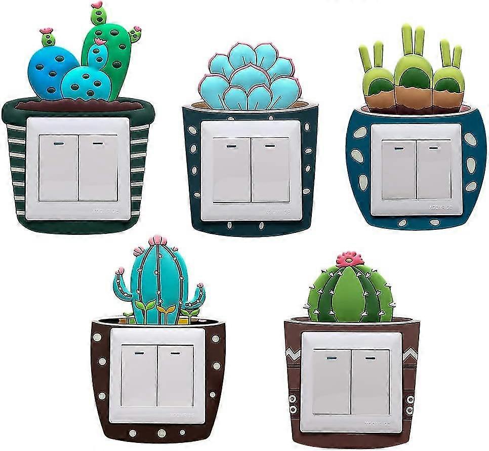 5 Pack Cactus Pattern Light Switch Rubber Wall Stickers, For Switch Outlet 8.6cm X 8.6cm