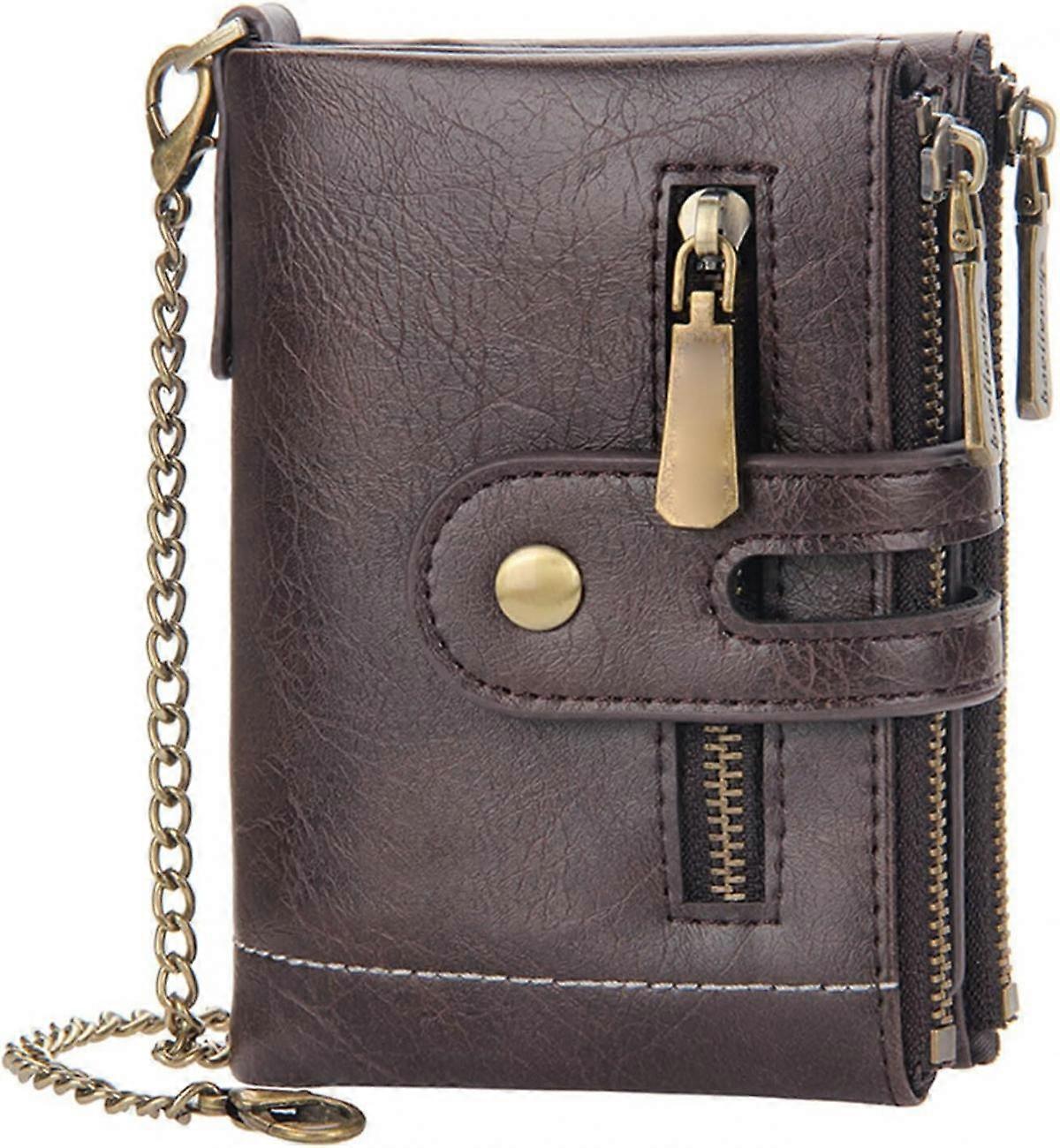 Wallet for Men, Large Capacity Leather Bifold Wallet with ID Window Holder, Double Zipper & Button Anti Theft Wallet with Anti-lost Chain Co