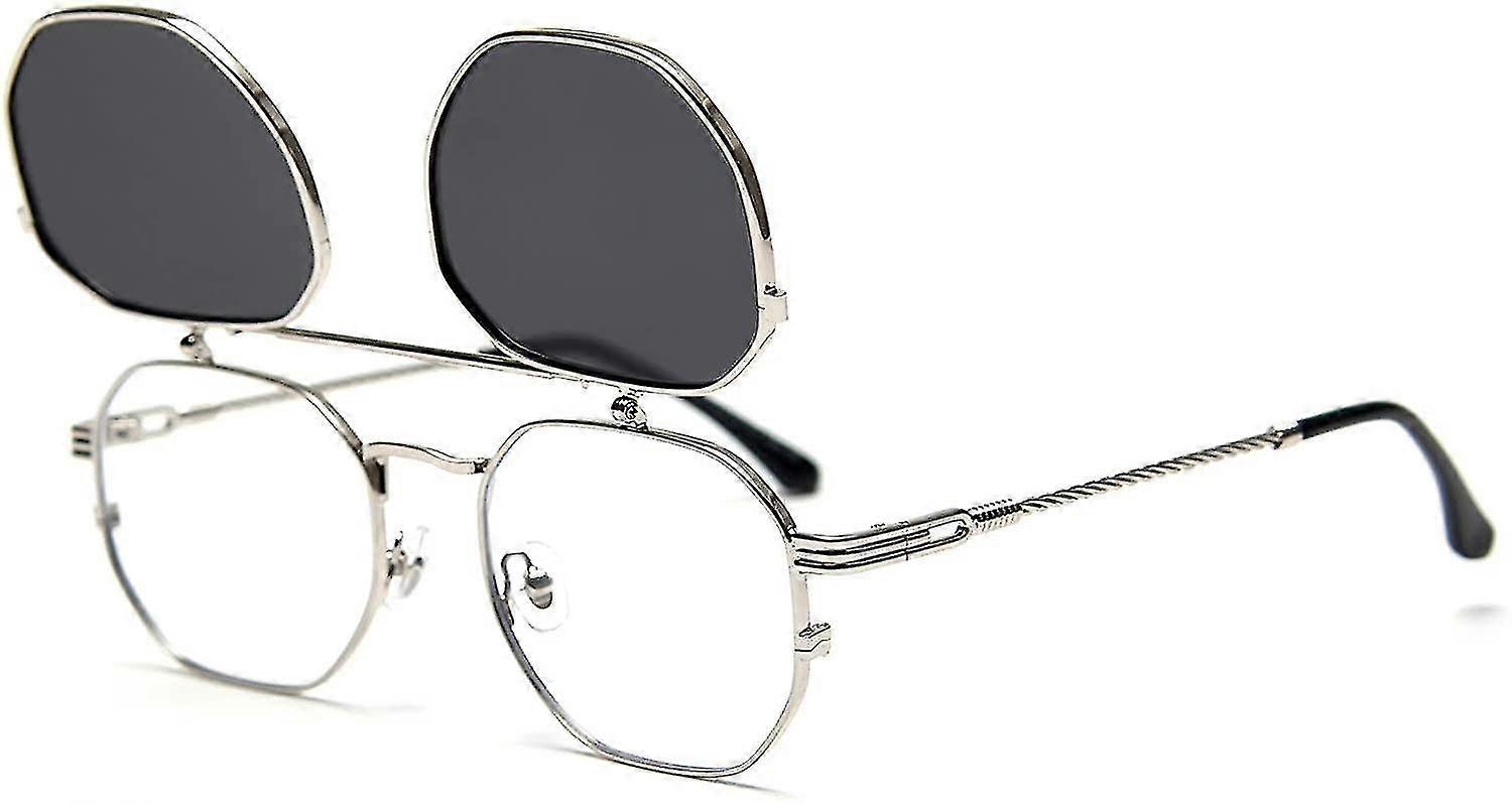 Flip Up Occhiali Da Sole Uomo Donna Polarizzato Steampunk Flip Occhiali Da Sole Con Doppie Lenti/YY Montatura argento-lente grigia