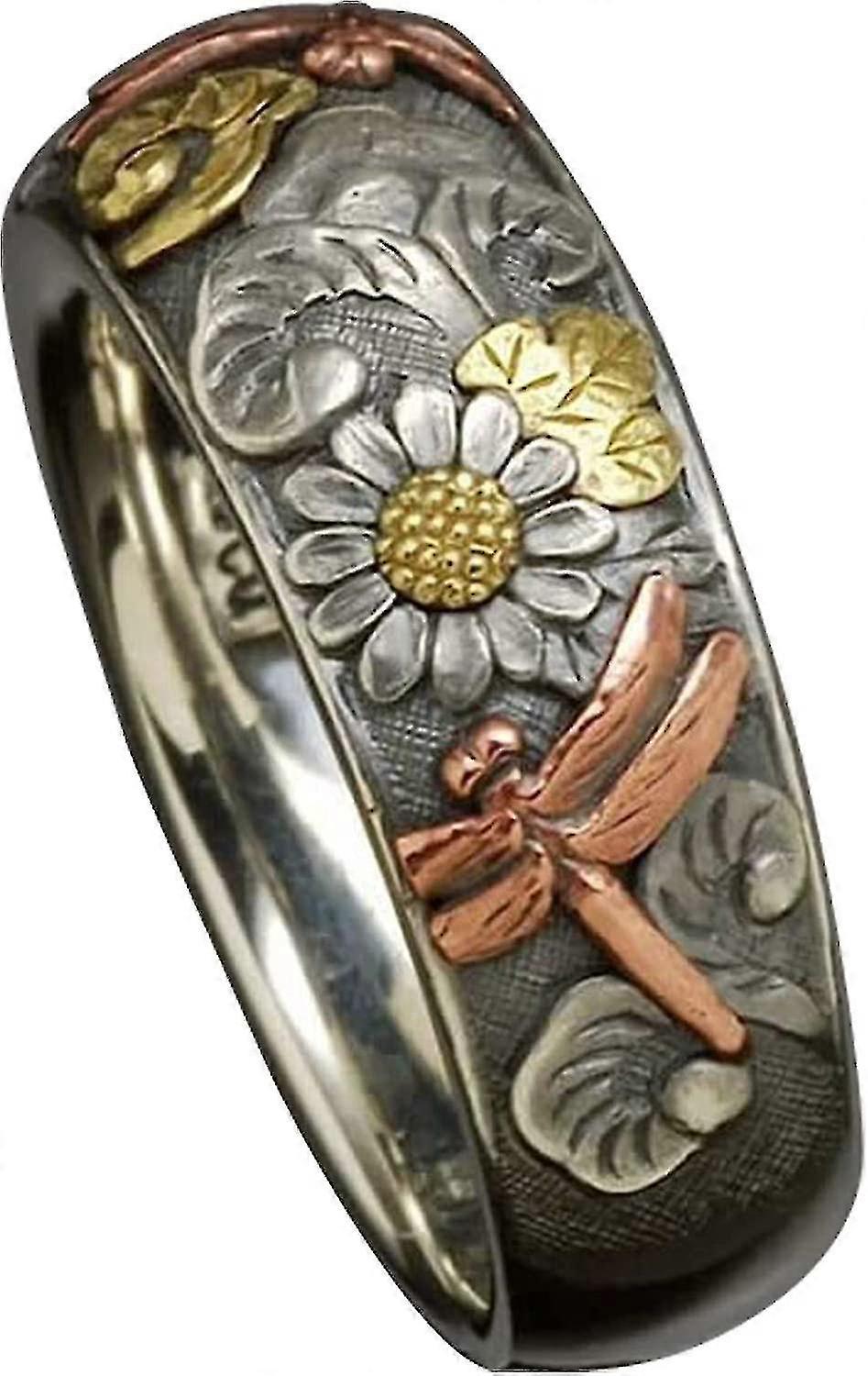 2 قطع خمر الفضة وارتفع الذهب اللون منحوتة اليعسوب عباد الشمس خاتم فريدة من نوعها خواتم زهرة معدنية خاتم حزب الخطوبة