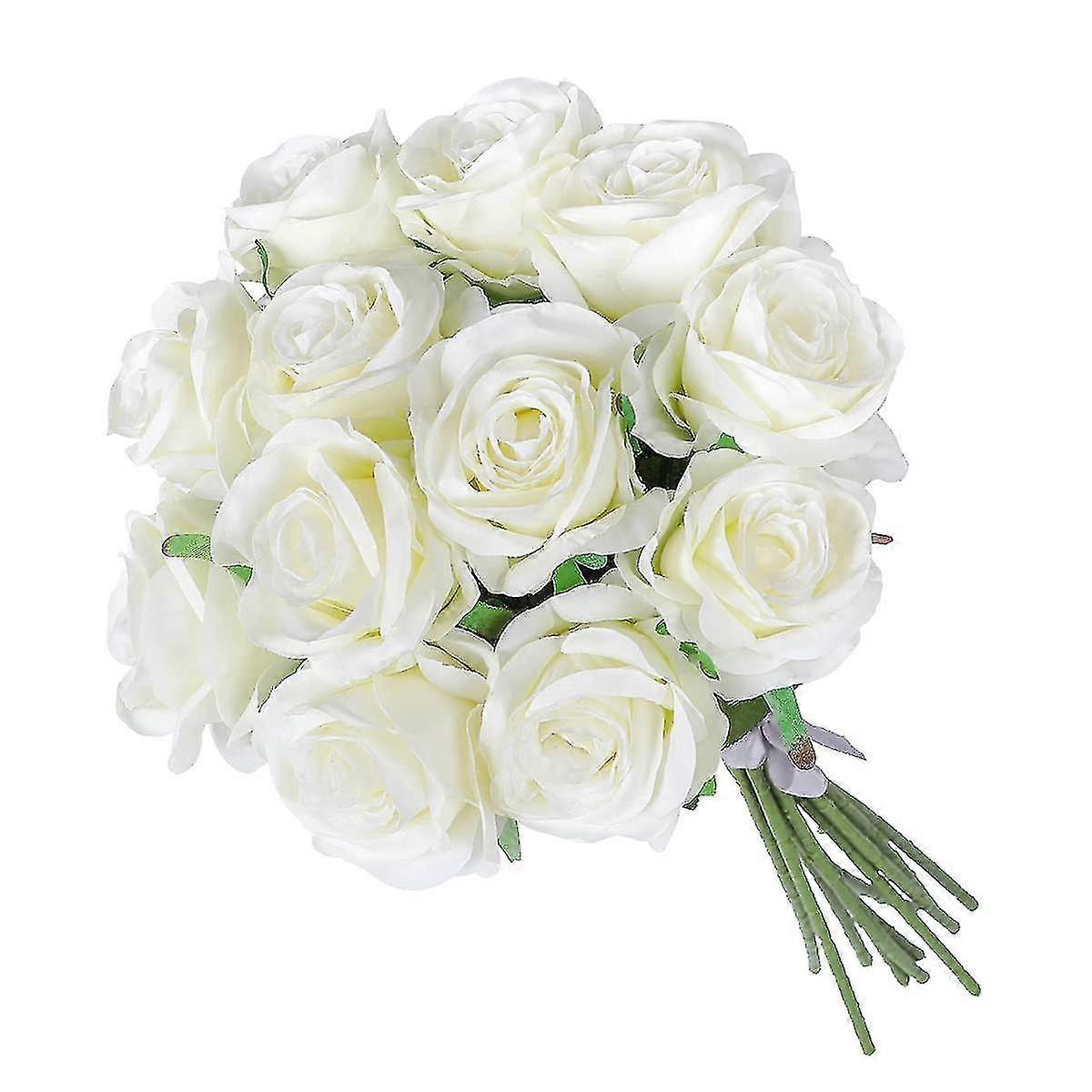Fiori di rose artificiali 12 pezzi disposizione bouquet di seta per feste domestiche decorazione nuziale (bianco)
