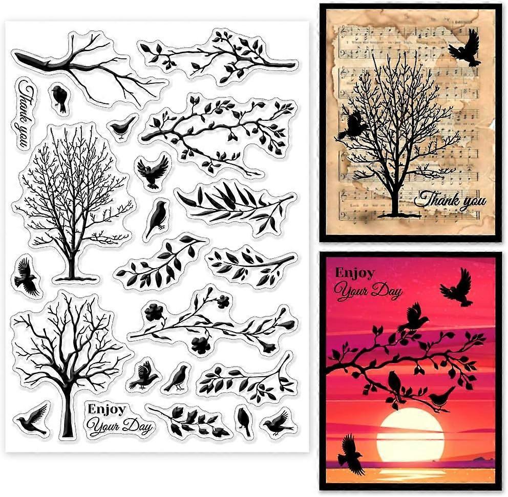Tree Bird Silhouette Clear Stamps Tree Branches Clear Stamps Tree Flower Silicone Stamps for DIY Scrapbooking Photo Album Decorative Cards Making Home