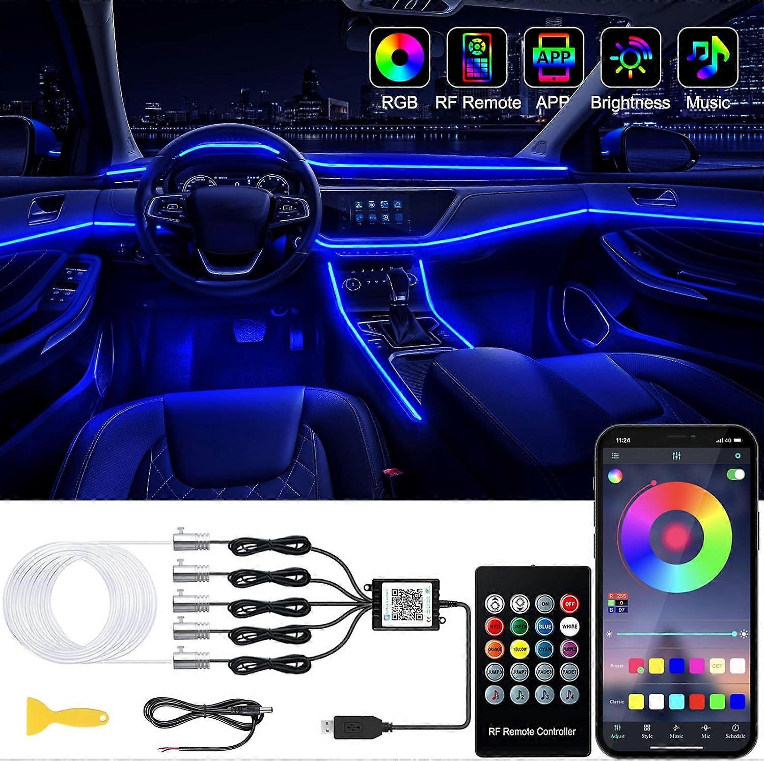 Bandes lumineuses LED intérieures de voiture avec application sans fil et télécommande, kits d’éclairage ambiant RVB 5 en 1 avec fibre optique de 236 pouces, 16 millions de couleurs