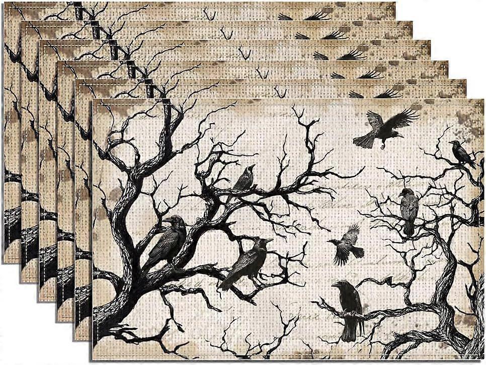 6Pcs Halloween Crows Tree Branch Placemats 17.7x11.8 Inch Ravens Bird Printed Washable Table Mats Gothic Branches Fall Polyester Place Mats for Hallow
