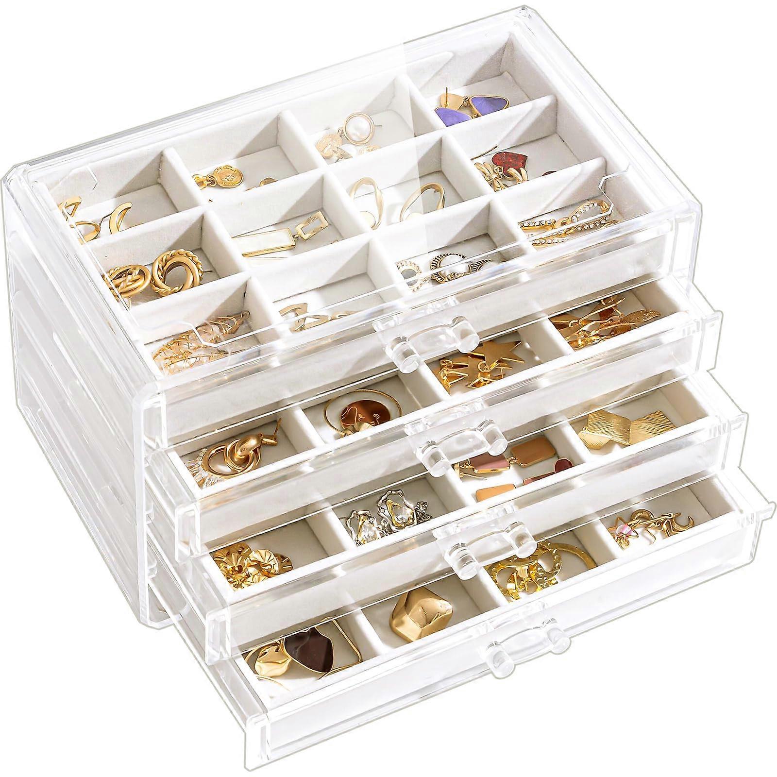 Clear Acrylic Earring Organizer with 4 Stackable Drawers, Jewelry Storage Box, Compact Design, Transparent Material