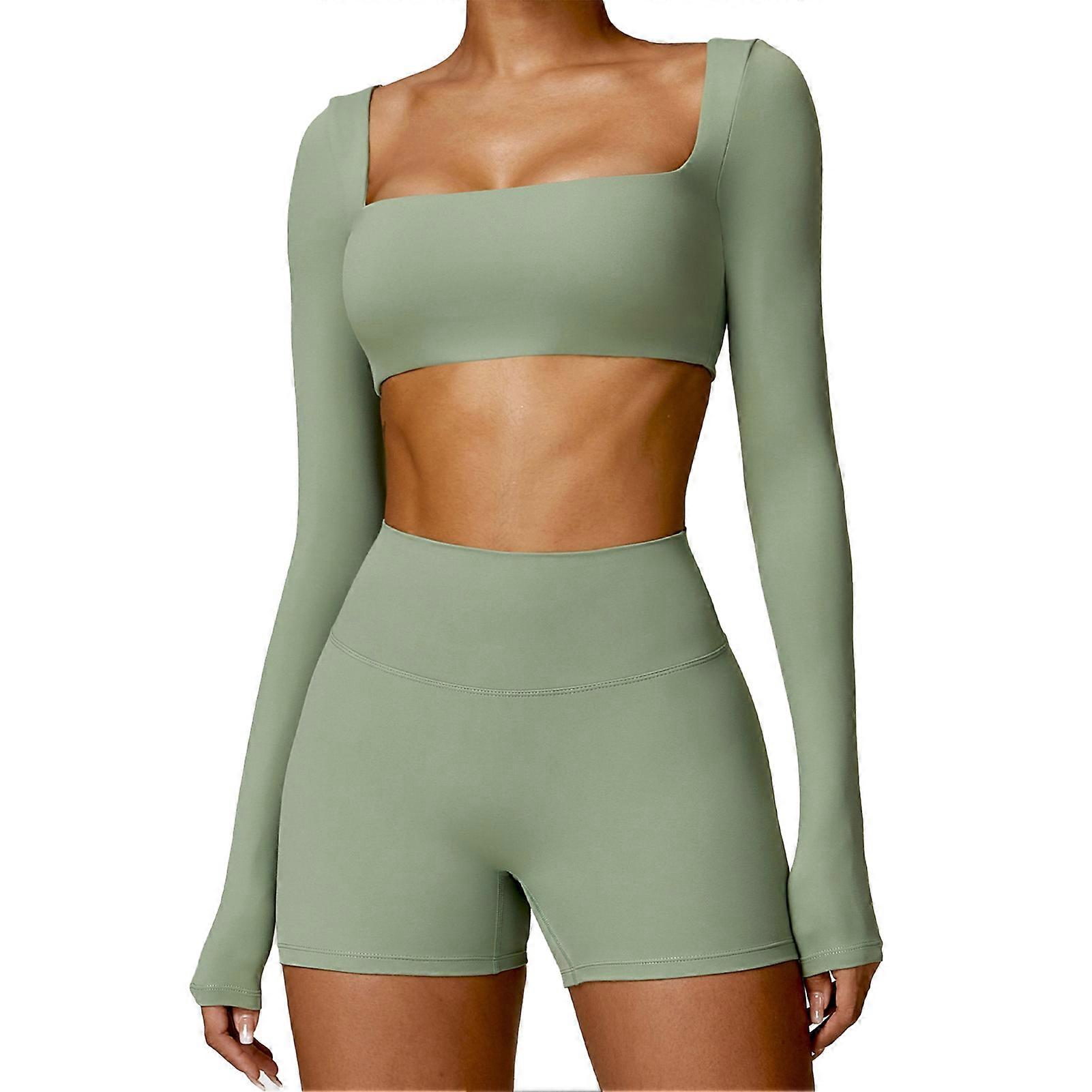 Donne 2 Pezzi Yoga Outfit Moda Casual Asciugatura Rapida Traspirante Elastico Donne Manica Lunga Top Pantaloncini A Vita Alta Verde L