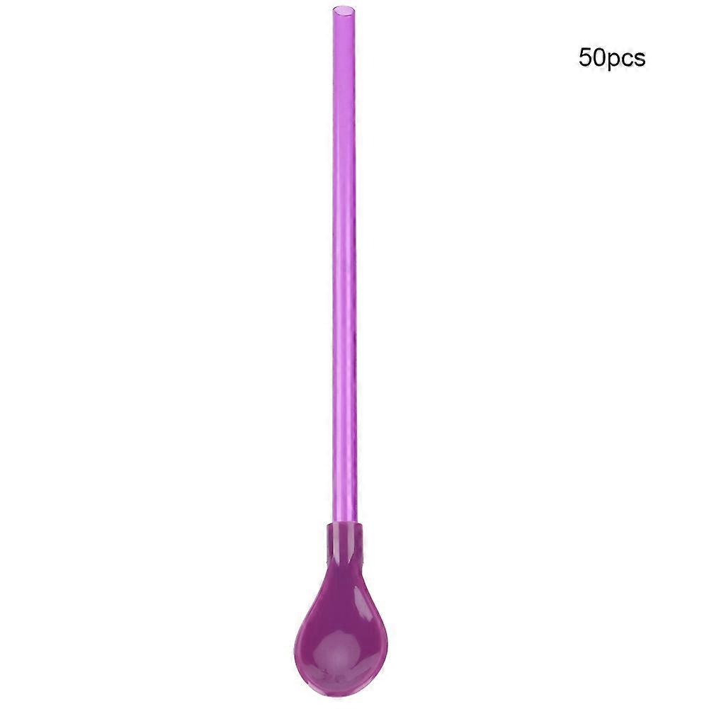 50Pcs Kitchen Tool Dual-use Drinking Straw Spoon Integrated Stirring Straw Spoon (Purple)