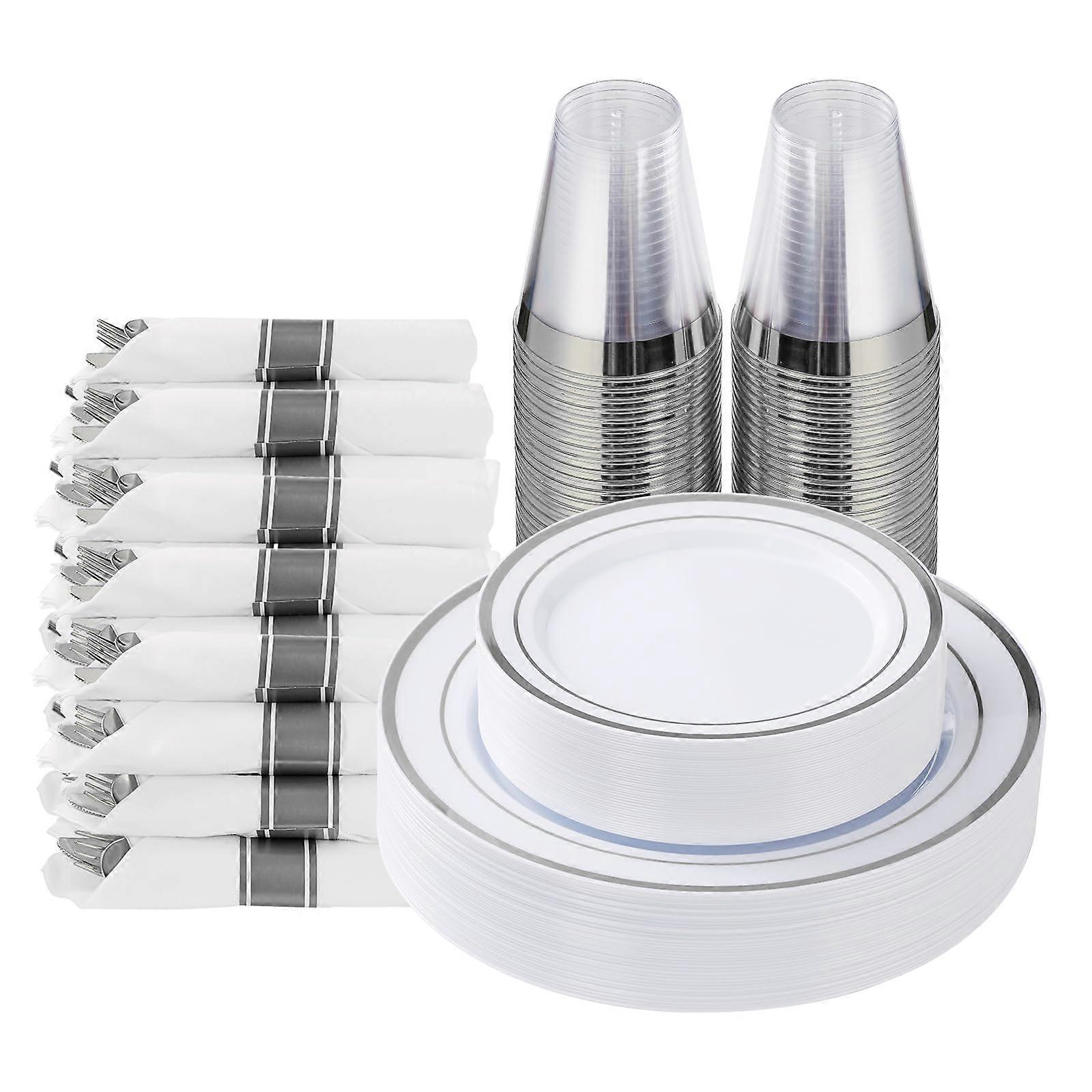 175 Piece Fancy Disposable Dinnerware Set for 25 Guests - Elegant Plastic Plates, Cups, Utensils, and Napkins