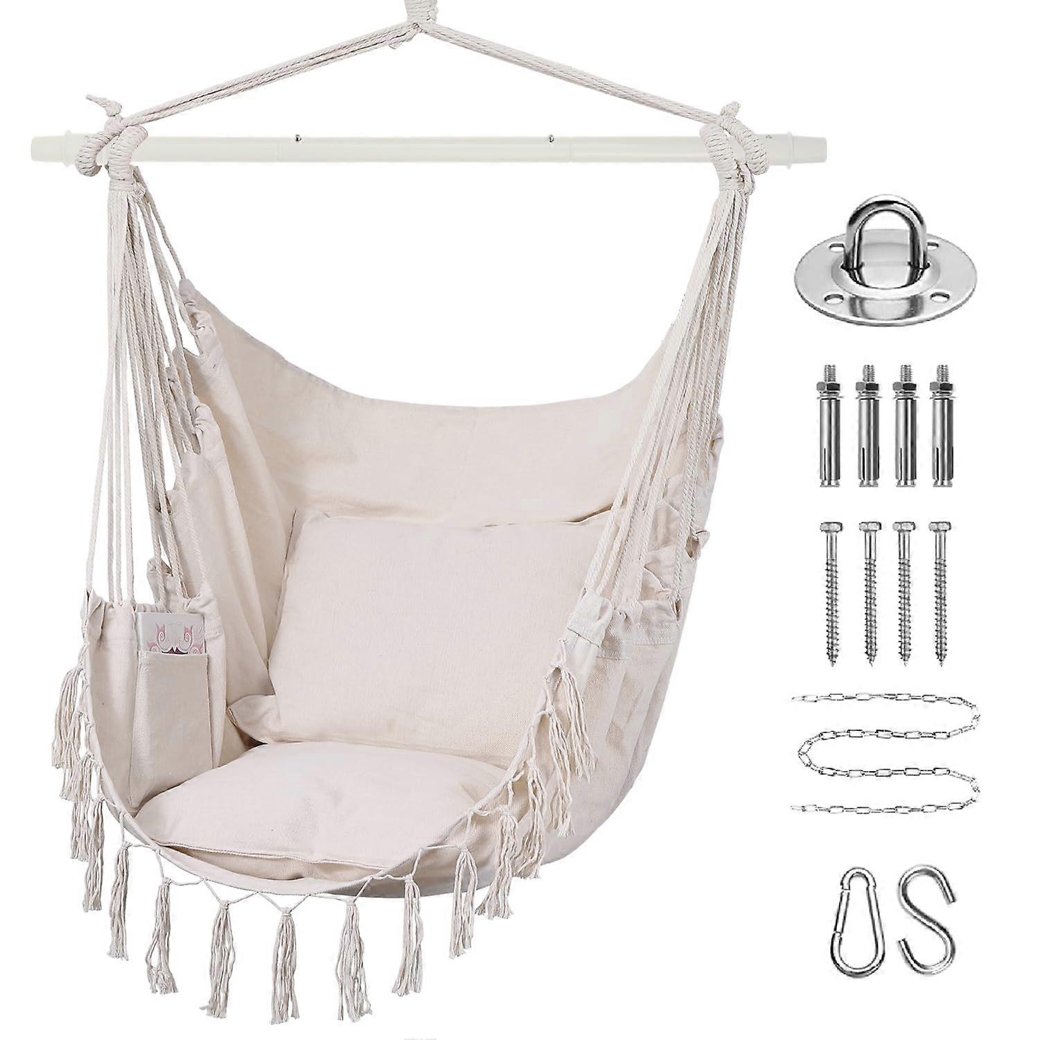 Goutime Hammock Chair, Macrame Boho Hanging Swing with 2 Cushions for Indoor/Outdoor, Max 330 lbs Capacity